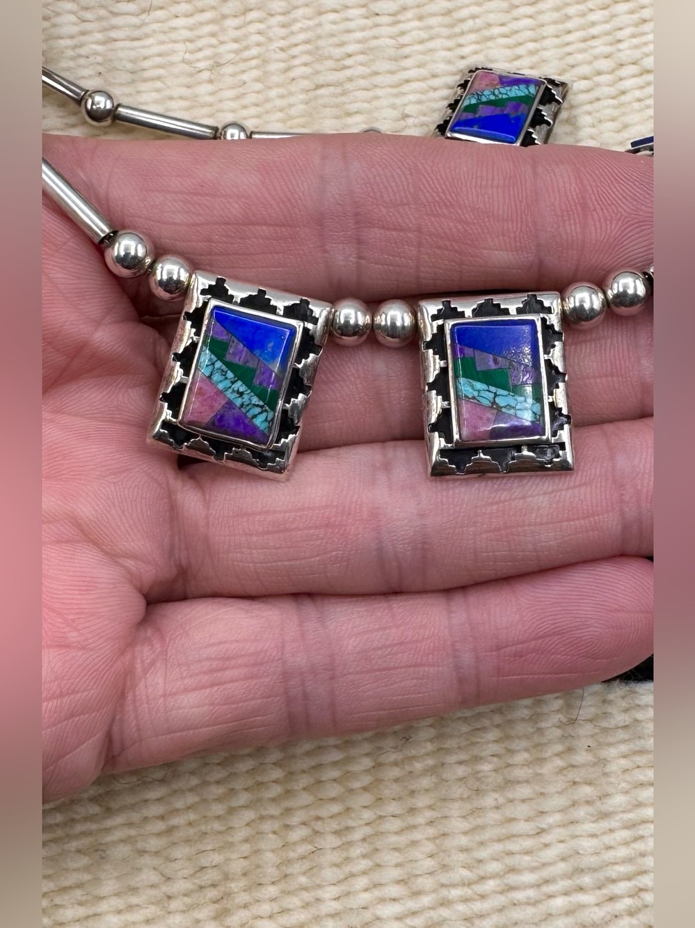 Navajo Native American Sterling Silver Turquoise Multi Stone Inlay Bib Necklace - Picture 8 of 10